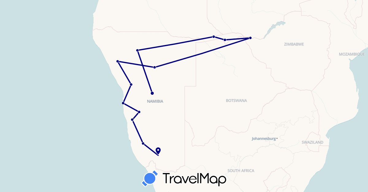 TravelMap itinerary: driving in Namibia, Zimbabwe (Africa)